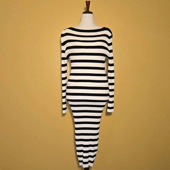 H&M Ribbed Knit Set Sweater Skirt Striped XL Top Med Skirt Black Cream Europe Bo - Picture 1 of 13